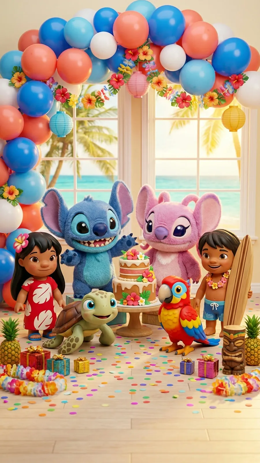 Lilo y Stitch en una fiesta tropical